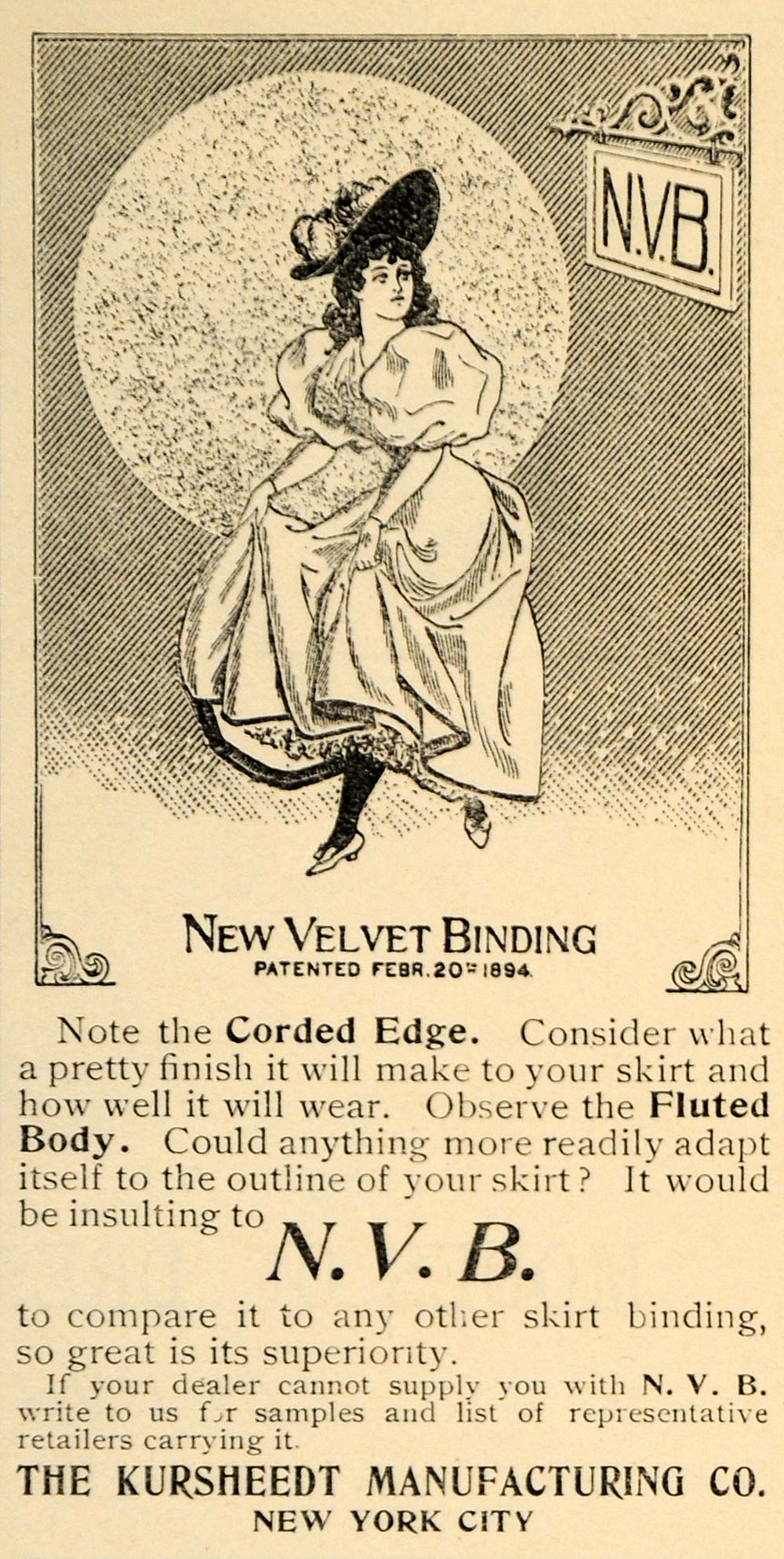 1896 Ad Kursheedt New Velvet Binding Skirt Clothing - ORIGINAL ADVERTISING LHJ4