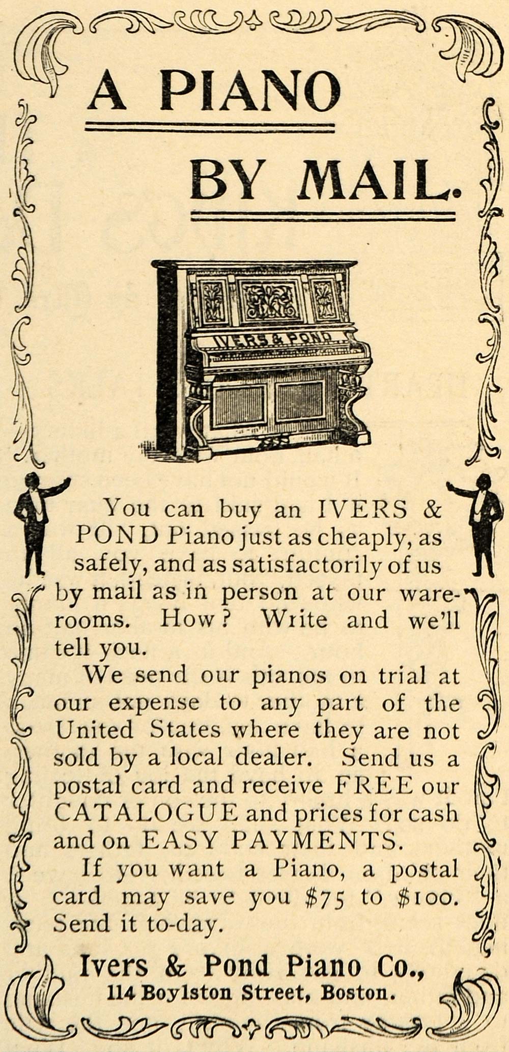 1896 Ad Piano Ivers Pond Musical Instrument Boston Mail - ORIGINAL LHJ4