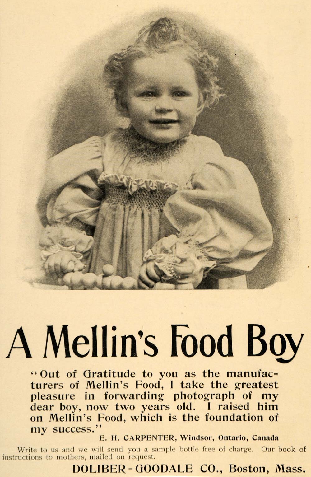 1896 Ad Mellin Food Boy E. Carpenter Windsor Doliber - ORIGINAL ADVERTISING LHJ4