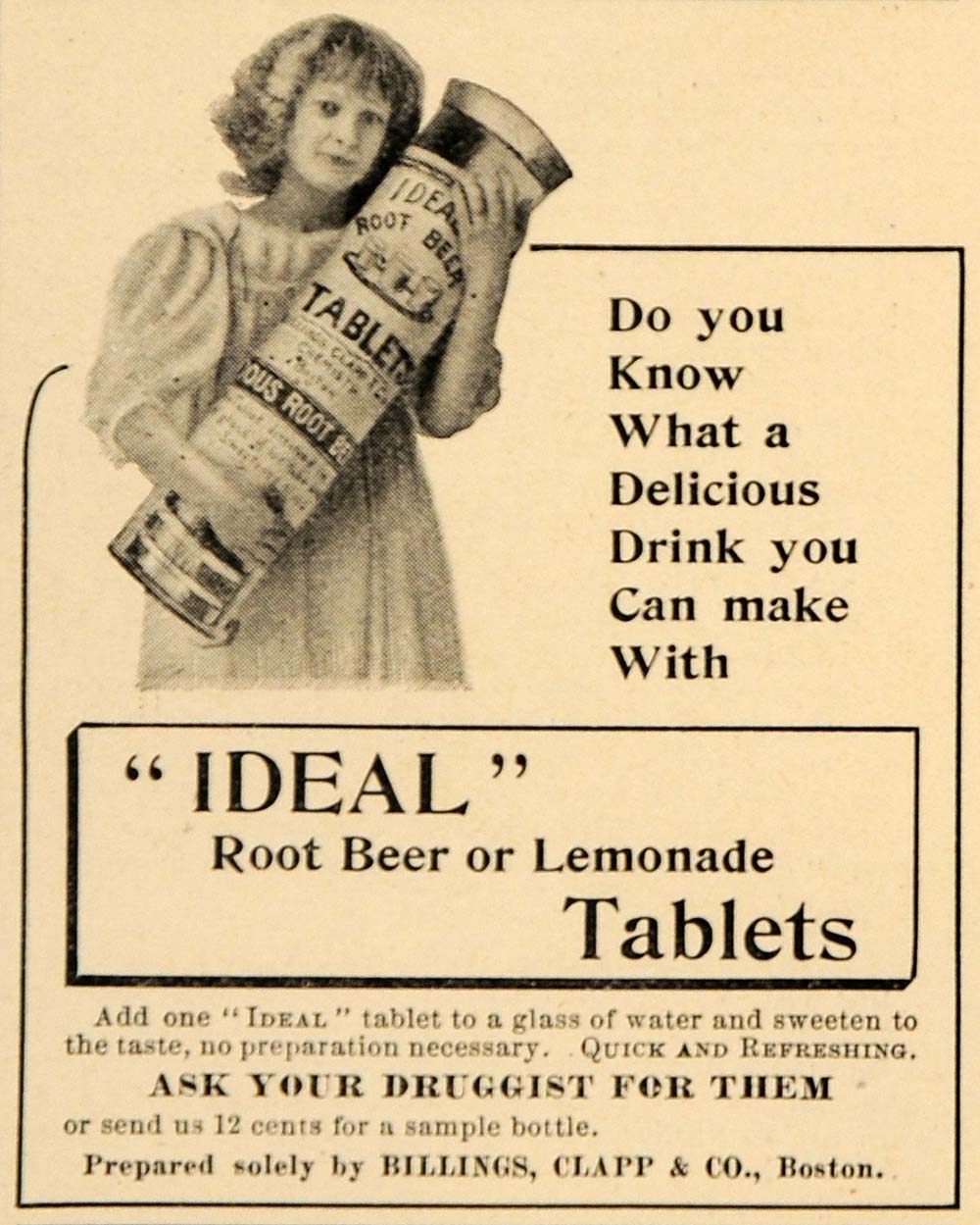 1896 Ad Ideal Root Beer Lemonade Tablets Billings Clapp - ORIGINAL LHJ4