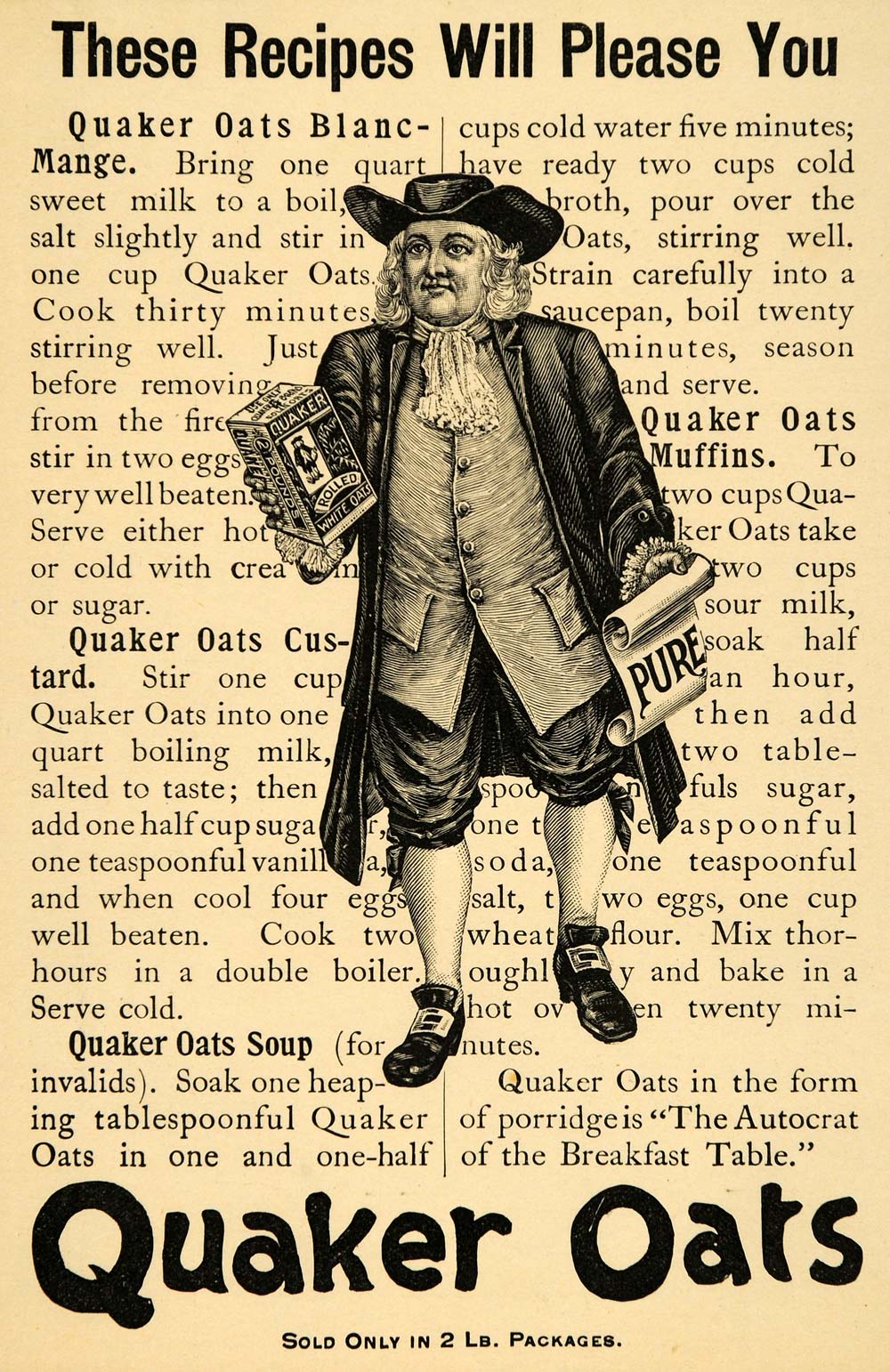 1897 Ad Quaker Oats Man Recipes Muffins Blanc-Mange - ORIGINAL ADVERTISING LHJ4