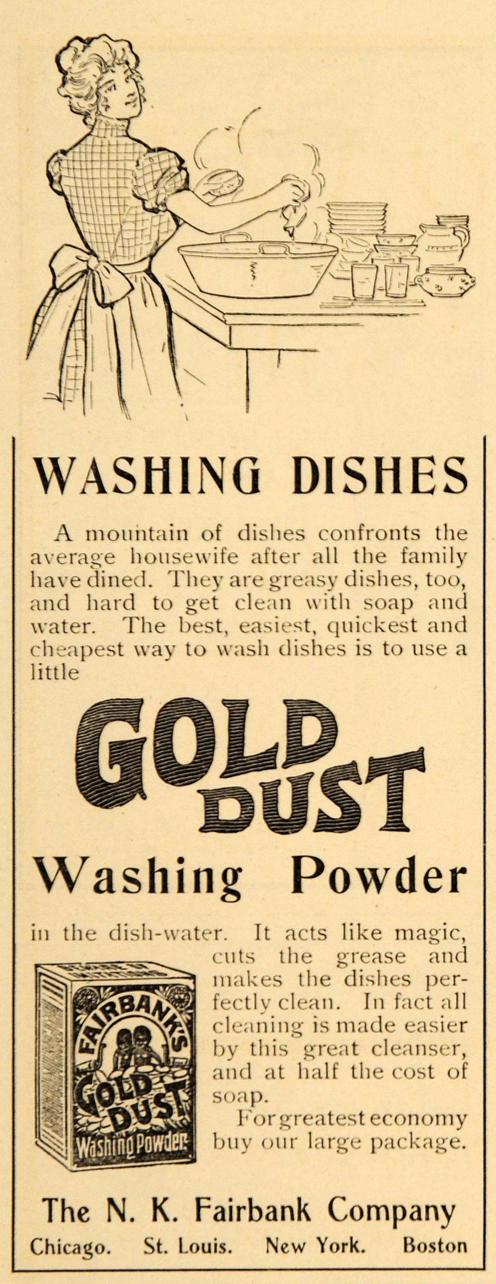 1899 Ad N. K. Fairbank Gold Dust Washing Dishes Powder - ORIGINAL LHJ4