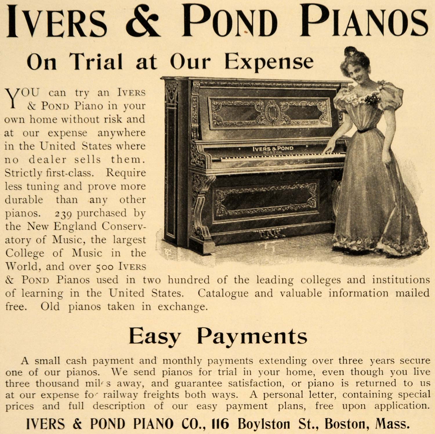 1899 Ad Ivers Pond Piano New England Music Conservatory - ORIGINAL LHJ4