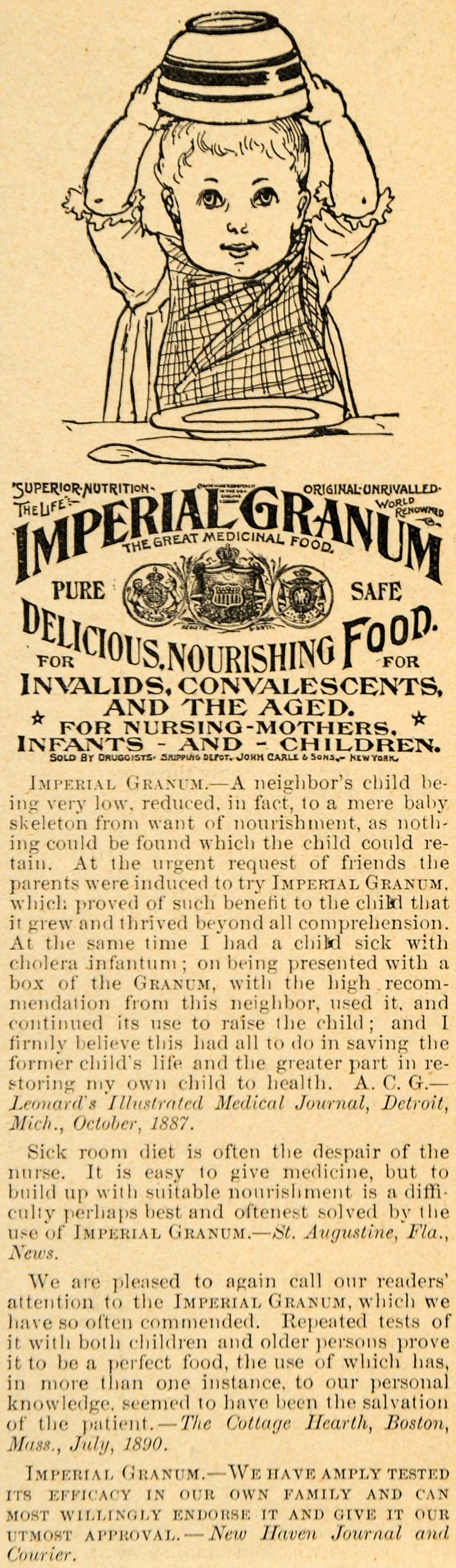 1892 Ad John Carle & Sons Imperial Granum Infants Food - ORIGINAL LHJ4