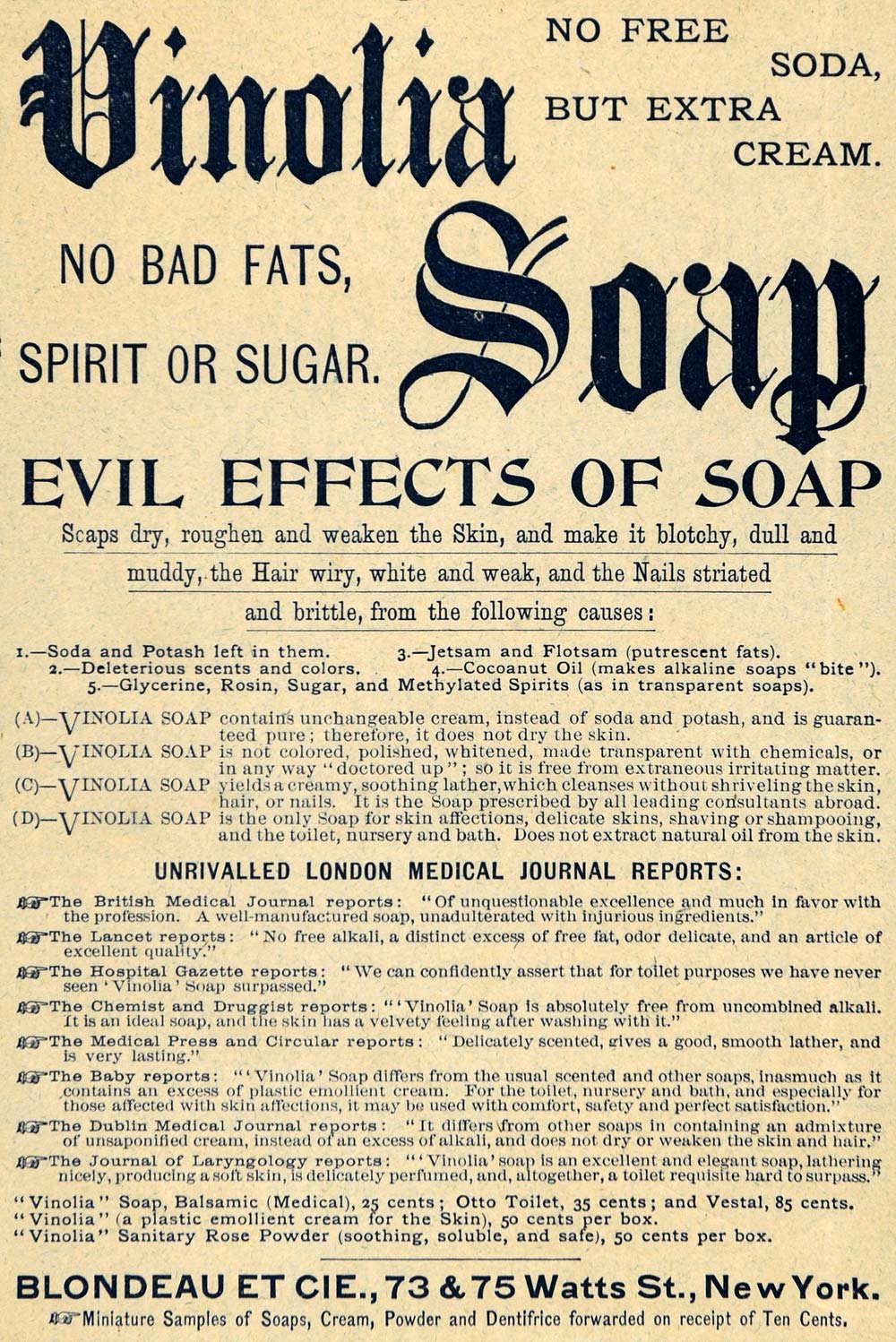 1892 Ad Vinolia Soap Blondeau ET CIE New York Toiletries Household Item LHJ4