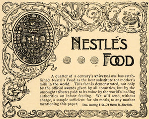 1892 Ad Thos. Leeming & Co. Nestles Food for Babies - ORIGINAL ADVERTISING LHJ4