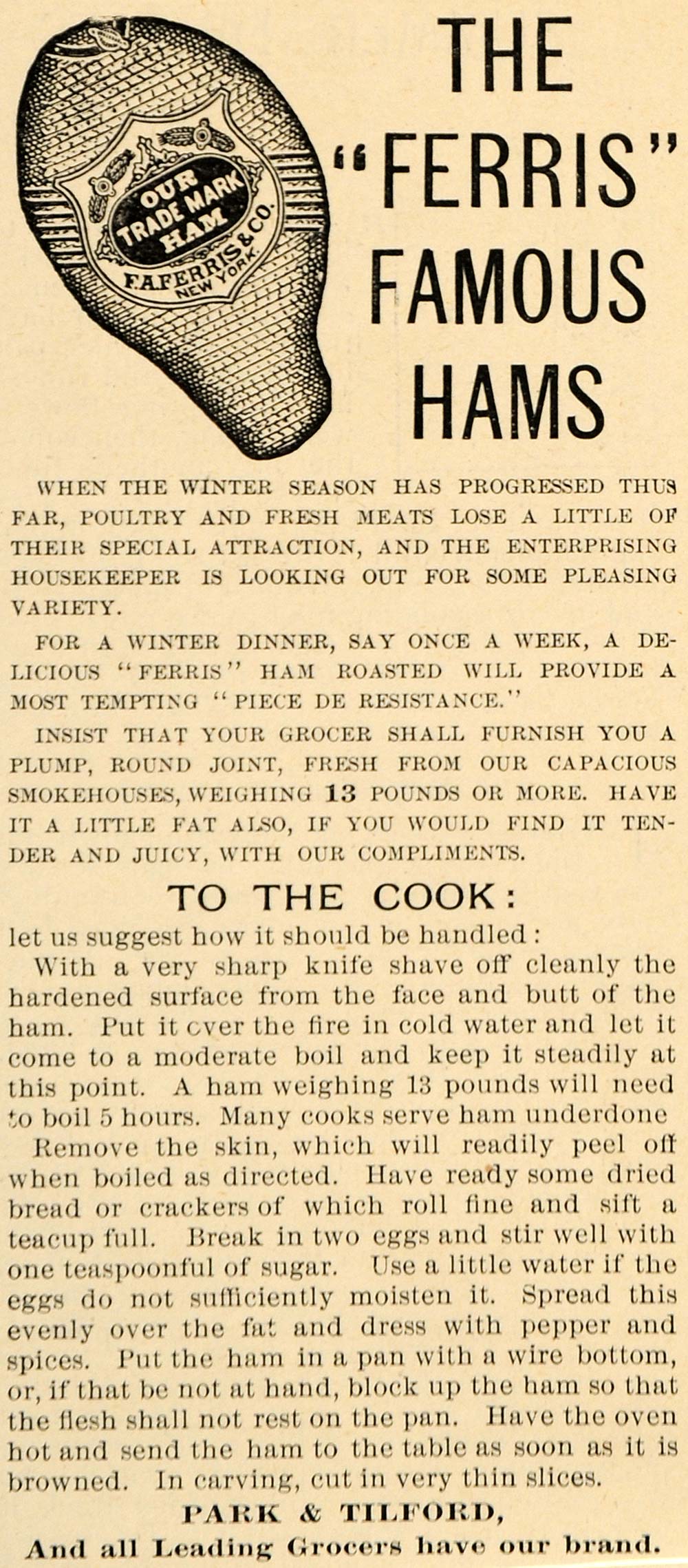 1892 Ad Park & Tilford Ferris Famous Hams Meat Food - ORIGINAL ADVERTISING LHJ4