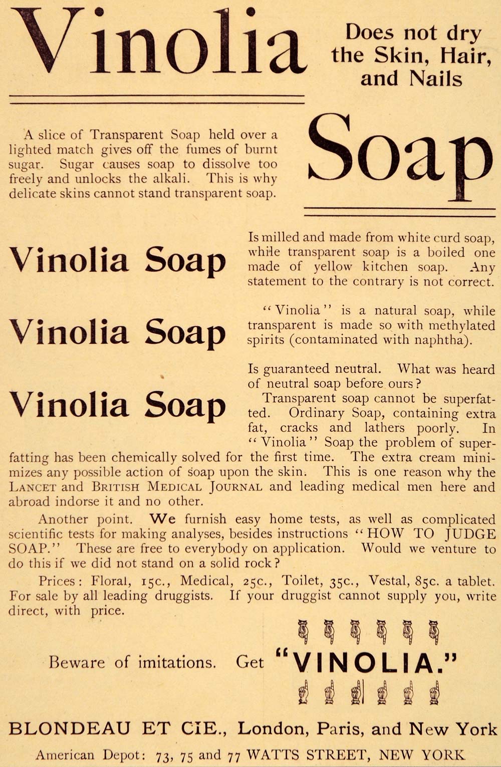 1892 Ad Blondeau ET CI Vinolia Soap Bath Products - ORIGINAL ADVERTISING LHJ4