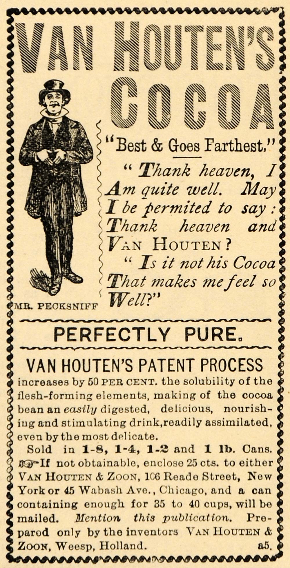 1892 Ad Van Houten Zoon Cocoa Weesp Holland Pecksniff - ORIGINAL LHJ4