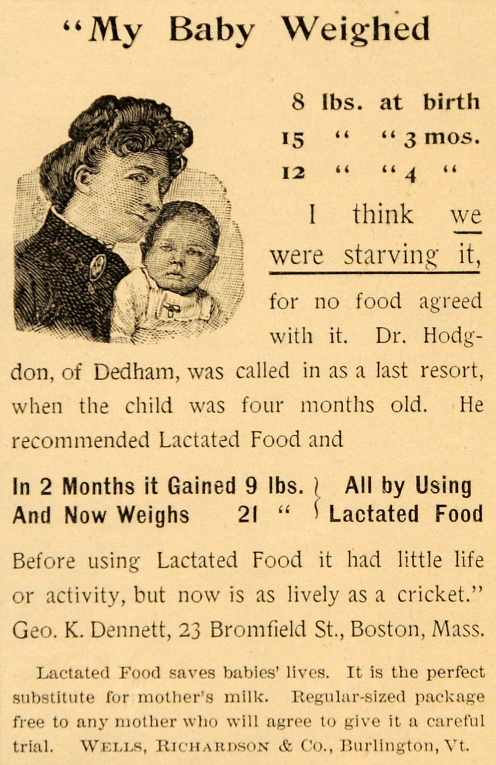 1892 Ad George K. Dennett Boston Baby Lactated Food VT - ORIGINAL LHJ4