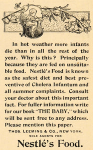 1892 Ad Thomas Leeming Nestle's Baby Food Cholera NY - ORIGINAL ADVERTISING LHJ4