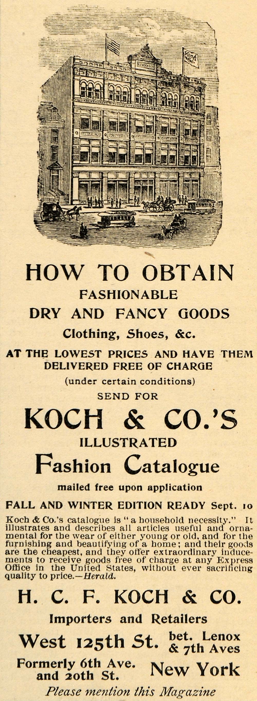 1892 Ad H. C. F. Kock Fashion Clothing Shoes New York - ORIGINAL LHJ4