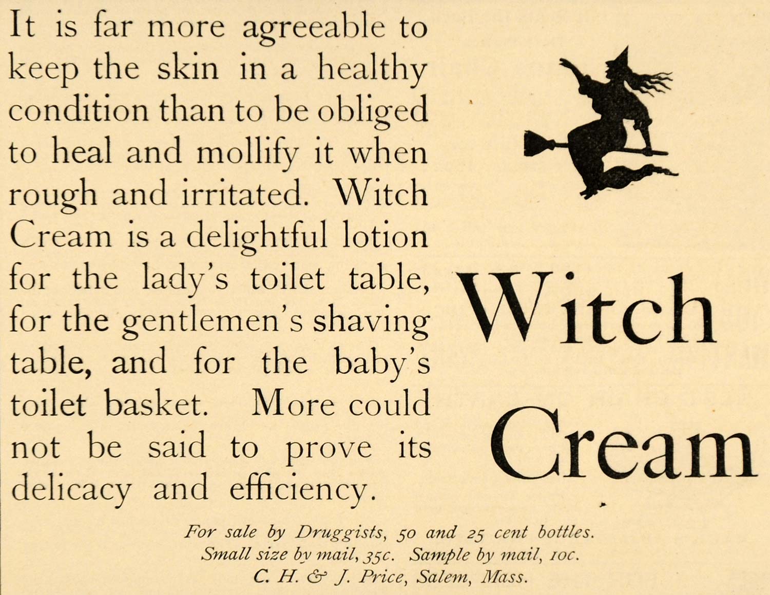 1892 Ad C. H. & J. Price Witch Beauty Cream Toiletry - ORIGINAL ADVERTISING LHJ4