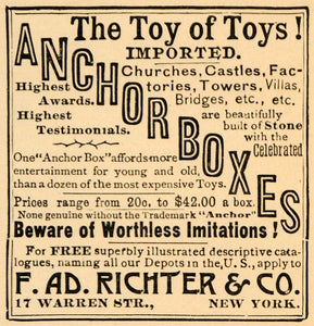 1892 Ad Anchor Boxes Antique Toys F. AD. Richter NY - ORIGINAL ADVERTISING LHJ4