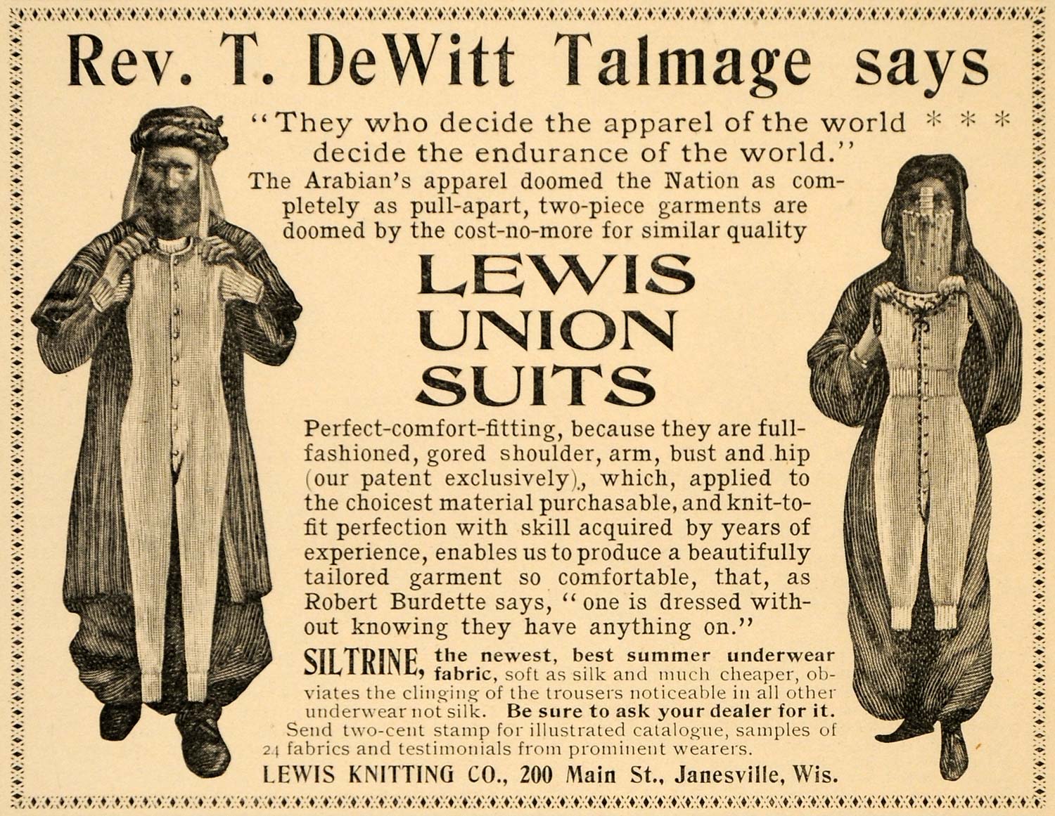 1898 Ad Lewis Union Suits DeWitt Talmage Janesville ORIGINAL LHJ4