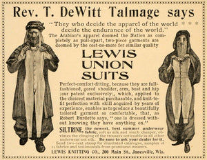 1898 Ad Lewis Union Suits T. DeWitt Talmage Janesville - ORIGINAL LHJ4