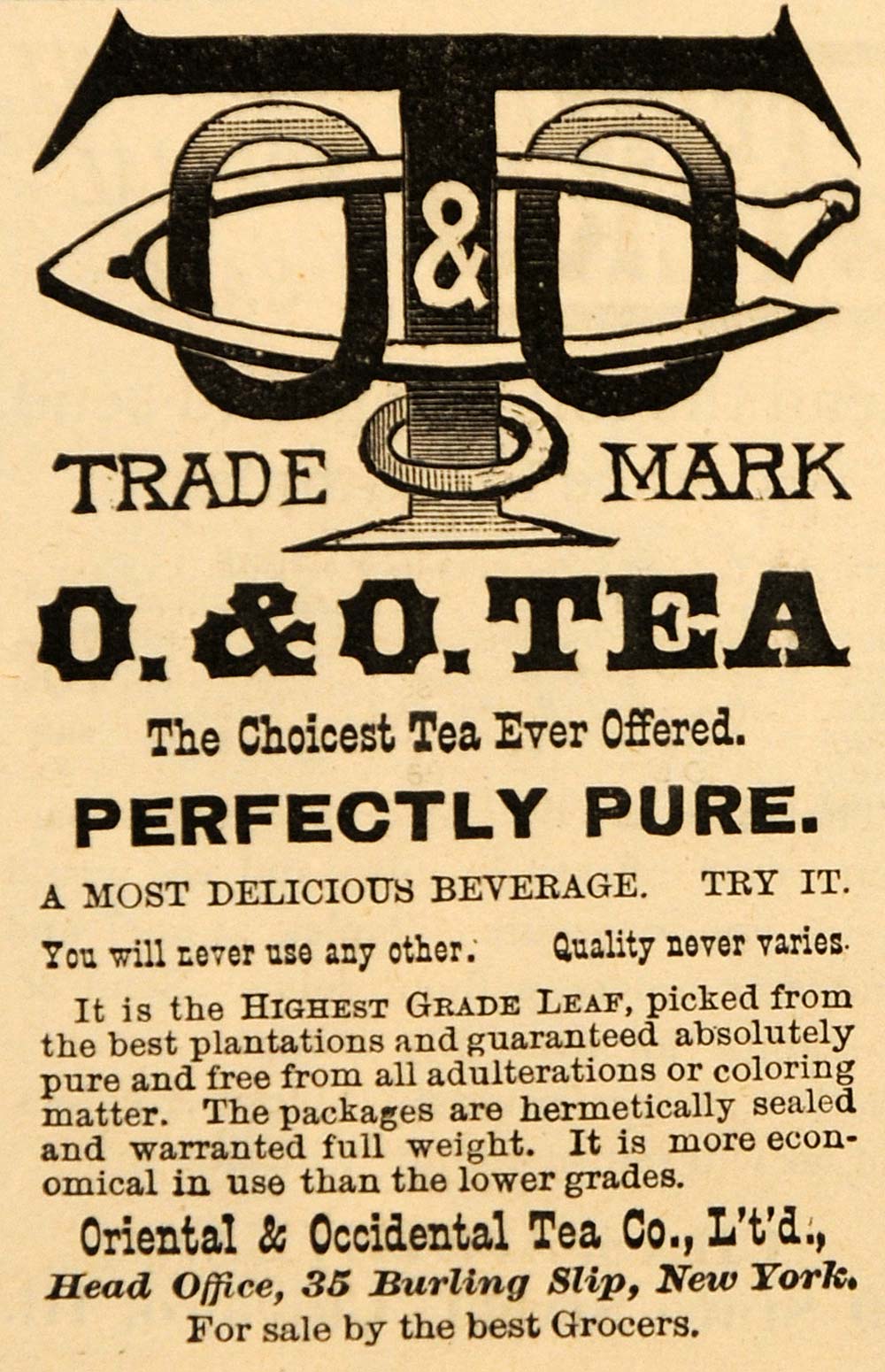 1889 Ad Oriental Occidental Tea Burling Slip New York - ORIGINAL LHJ4