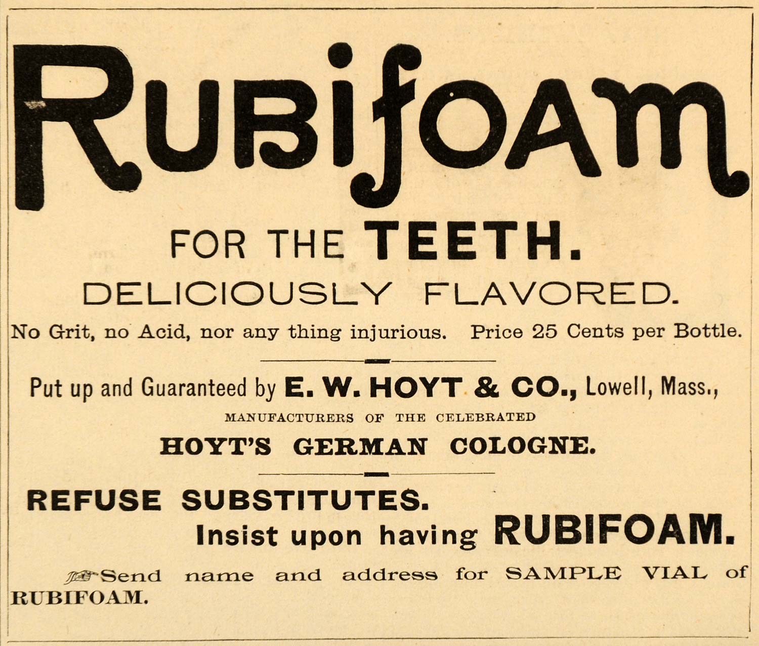 1889 Ad Rubifoam E. W. Hoyt Dentifrice Dental Lowell - ORIGINAL ADVERTISING LHJ4