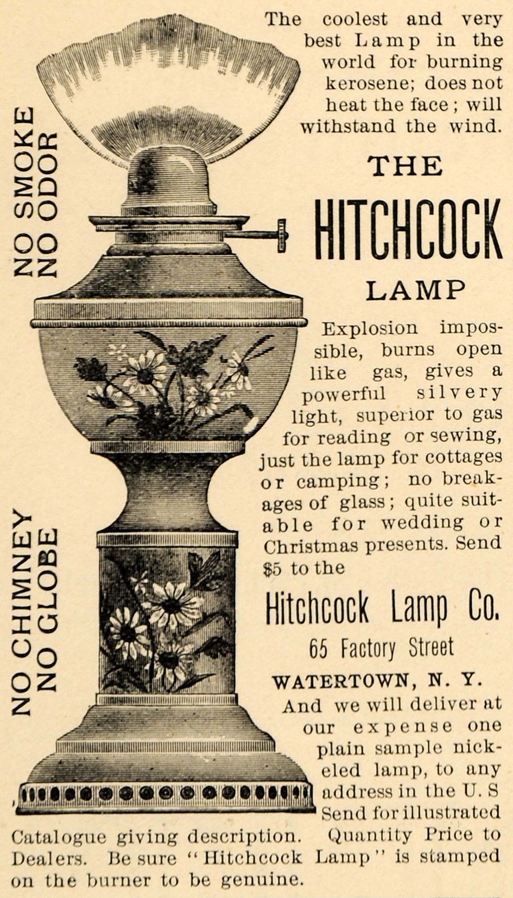 1892 Ad Hitchcock Kerosene Lamp Watertown NY Decor - ORIGINAL ADVERTISING LHJ4
