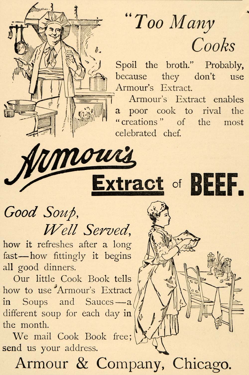 1892 Ad Armour Beef Extract Soup Cooks Chef Hat Maid - ORIGINAL ADVERTISING LHJ4