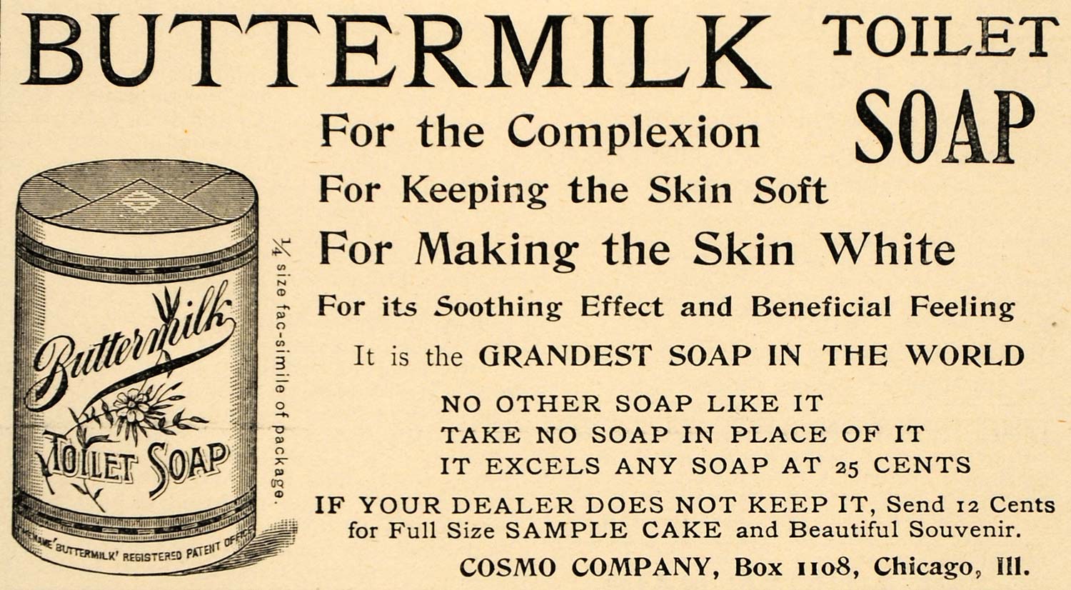 1892 Ad Cosmo Buttermilk Toilet Soap White Complexion - ORIGINAL LHJ4
