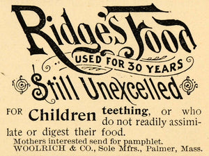 1893 Ad Woolrich & Co. Ridges Food for Children Palmer - ORIGINAL LHJ4