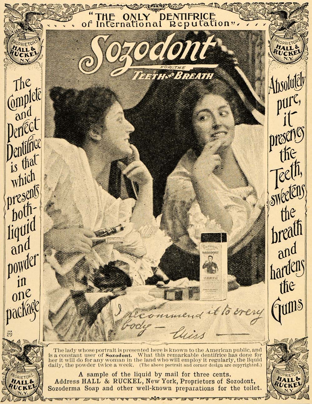 1896 Ad Hall Ruckel Sozodont Antiseptic Mouthwash Dental Dentifrice LHJ4