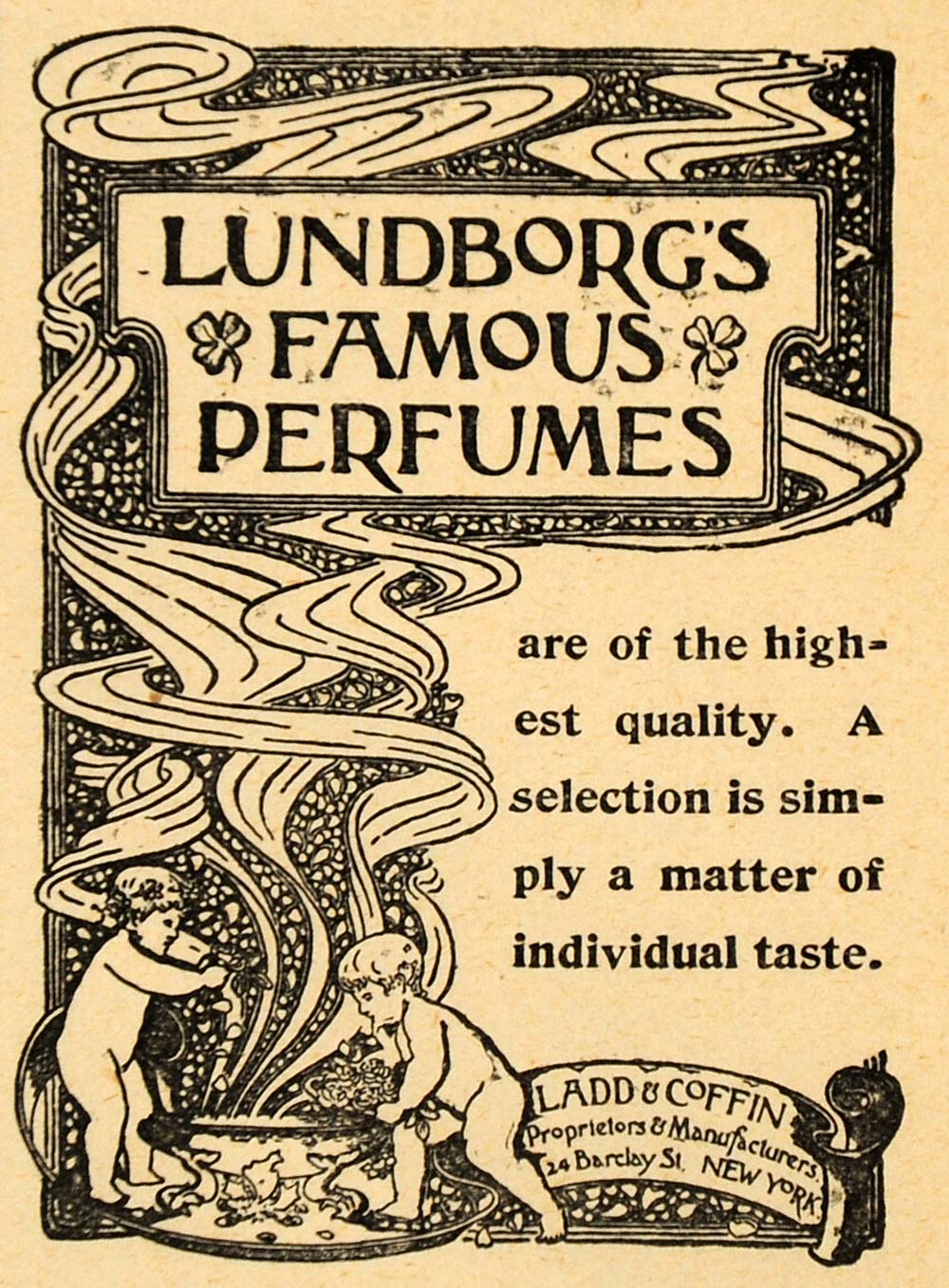 1893 Ad Ladd & Coffin Lundborg's Famous Perfumes NY 14 Barclay st cherub LHJ4