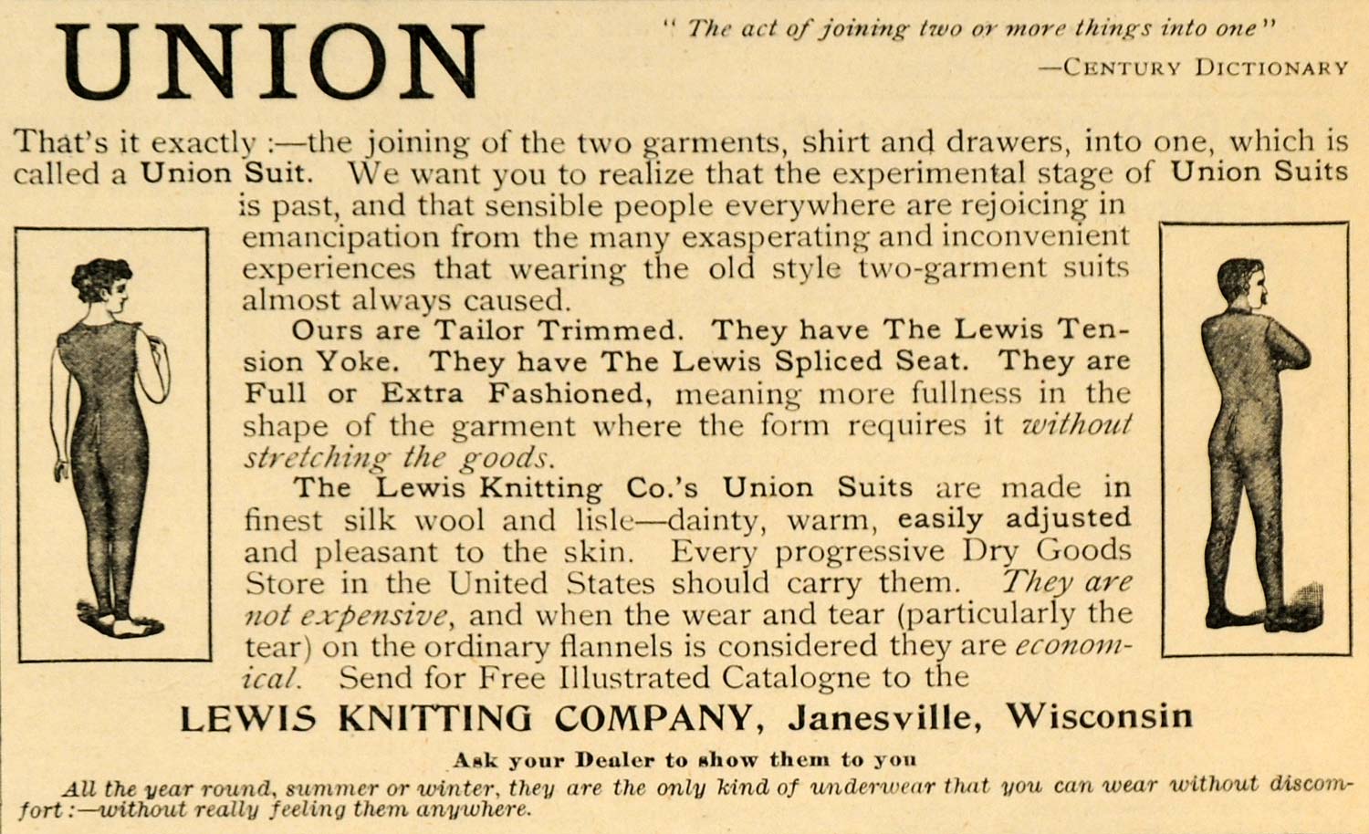 1893 Ad Lewis Knitting Union Suit Fashioned Garment Janesville WI Spliced LHJ4