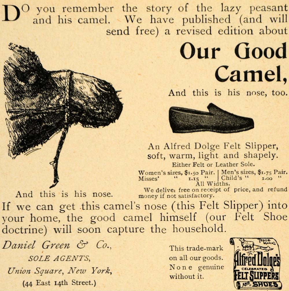 1893 Ad Daniel Green Felt Alfred Dolges Shoes Slipper Camel 44 East 14th st LHJ4