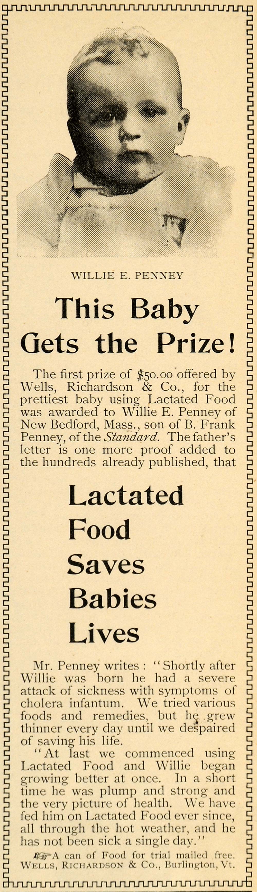 1893 Ad Wells Richardson Co. Lactated Food Babies Breast Milk Substitute LHJ4