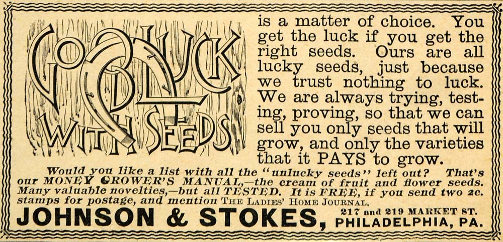 1892 Ad Johnson Stokes Seeds Gardening Flowers Floral 219 Market Good Luck LHJ4