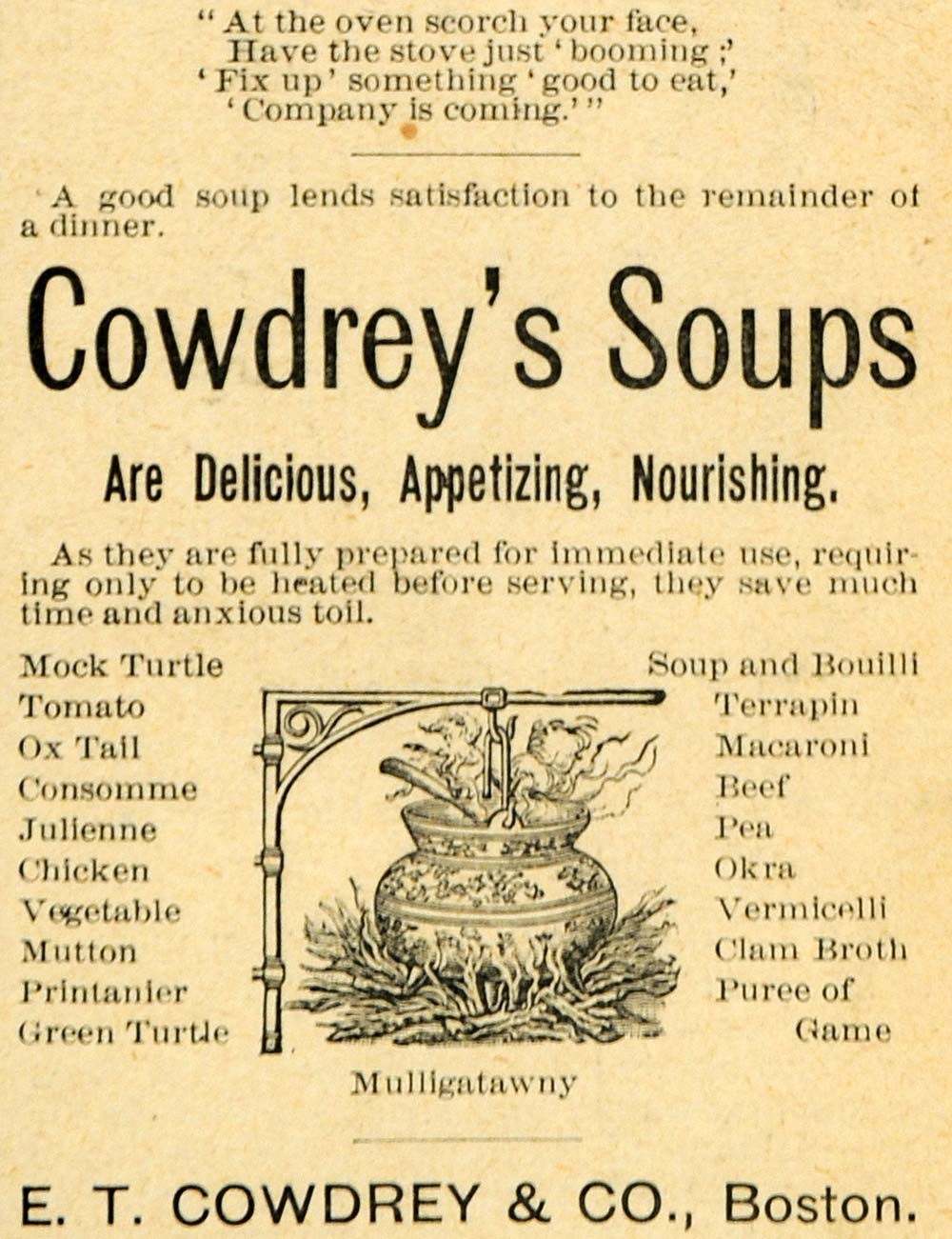 1892 Ad E. T Cowdrey's Soups Varieties Mulligatawny Clam Bouilli Pot Hanger LHJ4