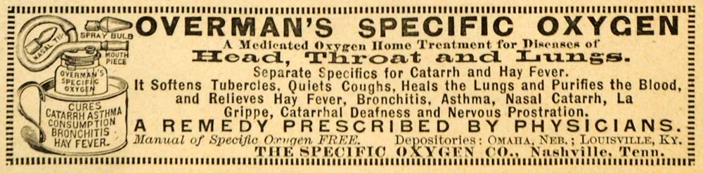 1892 Ad Overman's Specific Oxygen Disease Home Remedy Prescribed Hay Fever LHJ4