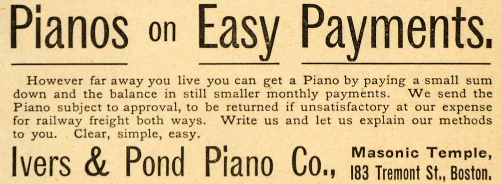 1892 Ad Ivers Pond Piano Musical Instruments Boston Masonic Temple LHJ4