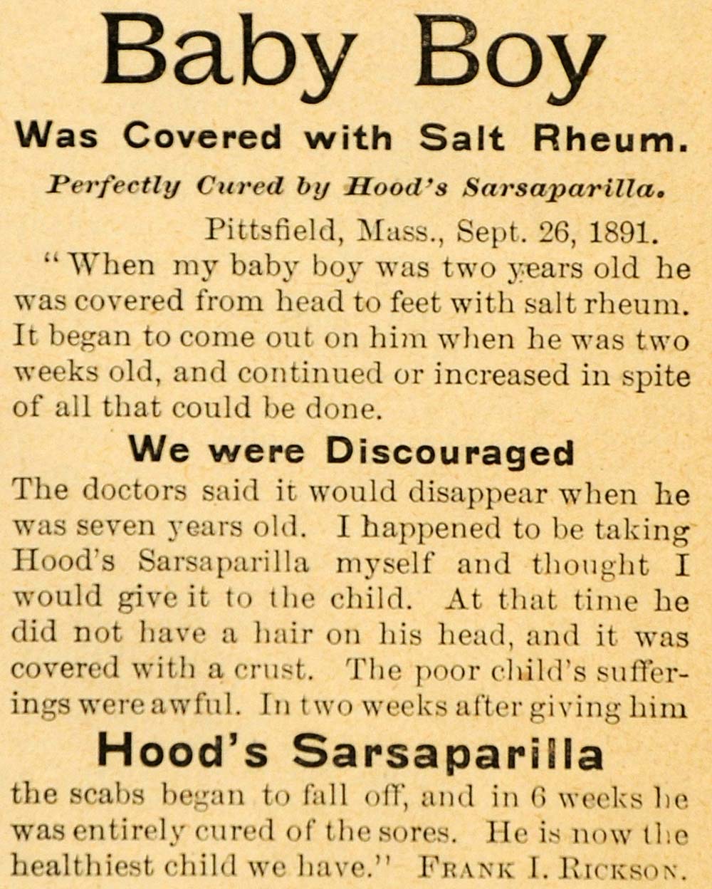 1892 Ad Hood's Sarsaparilla Salt Rheumatism Frank Rickson Pittsfield Baby LHJ4