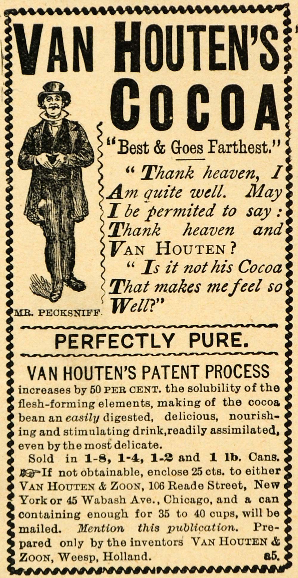 1891 Ad Van Houten Zoon Cocoa Baking Mr. Pecksniff Logo Weesp Holland LHJ4