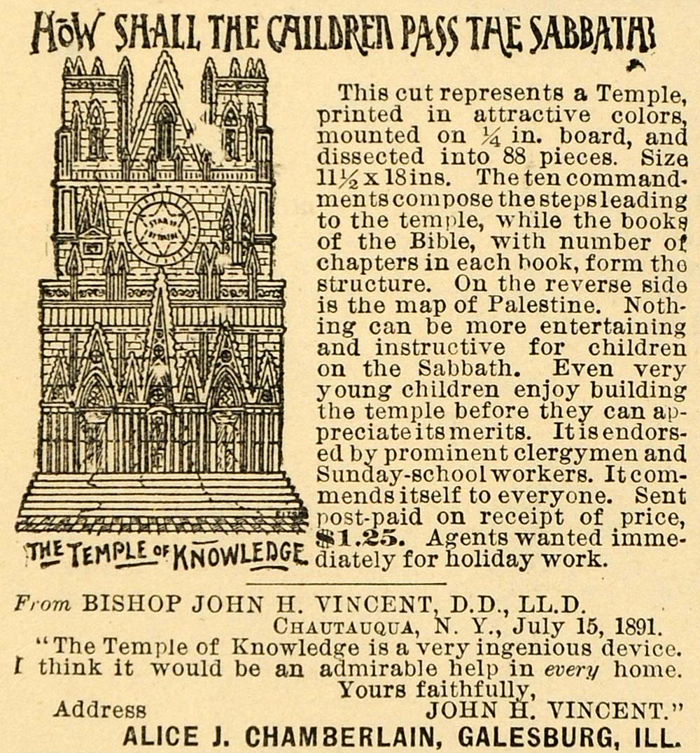 1891 Ad Temple Knowledge Sabbath Children Toy Bible Alice Chamberlin J LHJ4