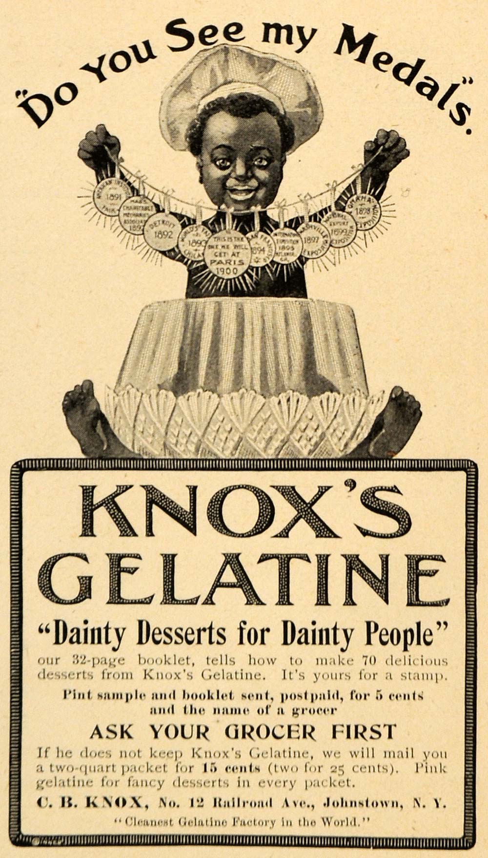 1900 Ad C. B. Knox Gelatine Desserts Cake Mold Boy Chef Medals New