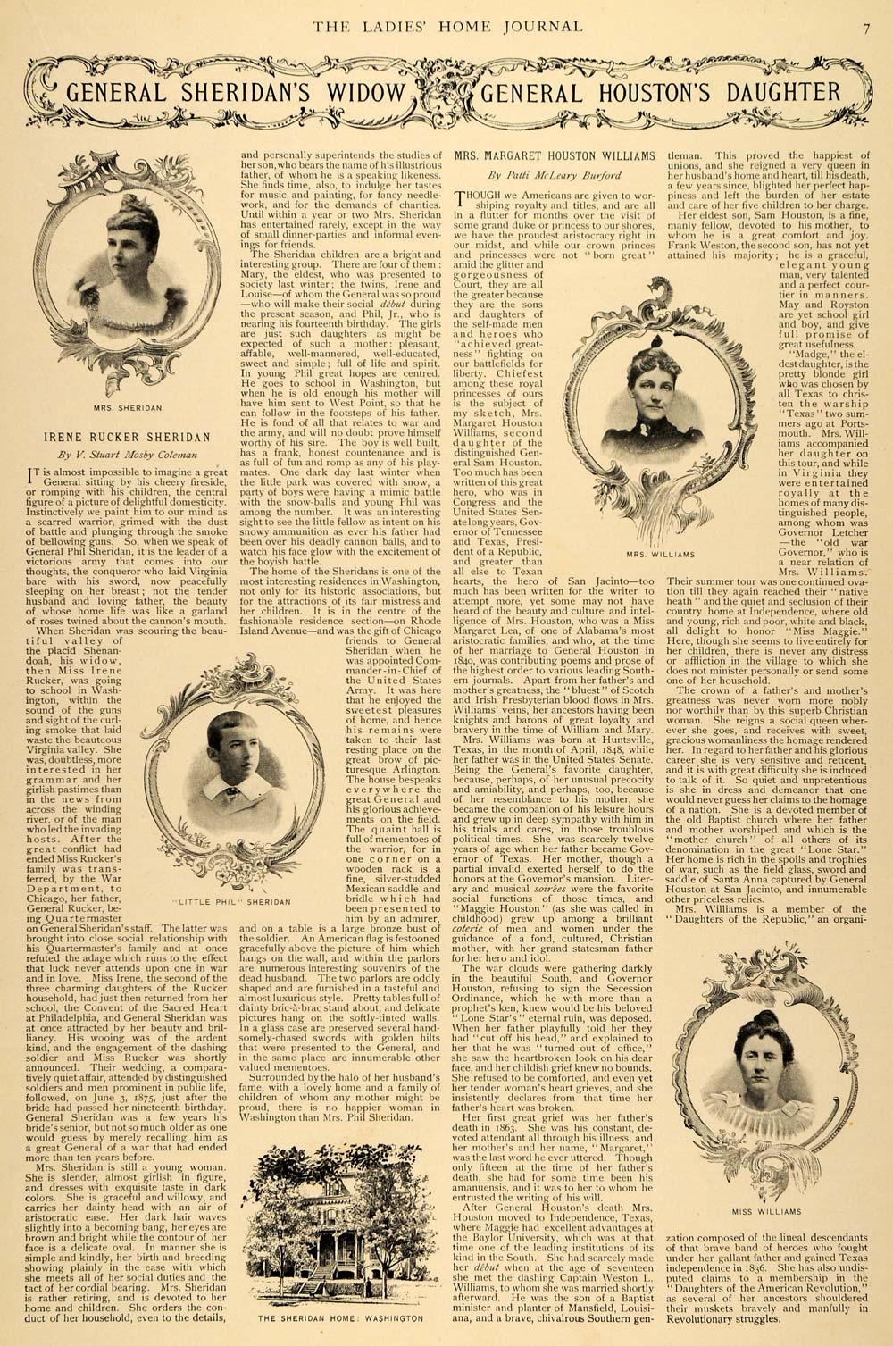 1895 Article Gen. Sheridan Widow Houston Daughter M Houston Williams LHJ5
