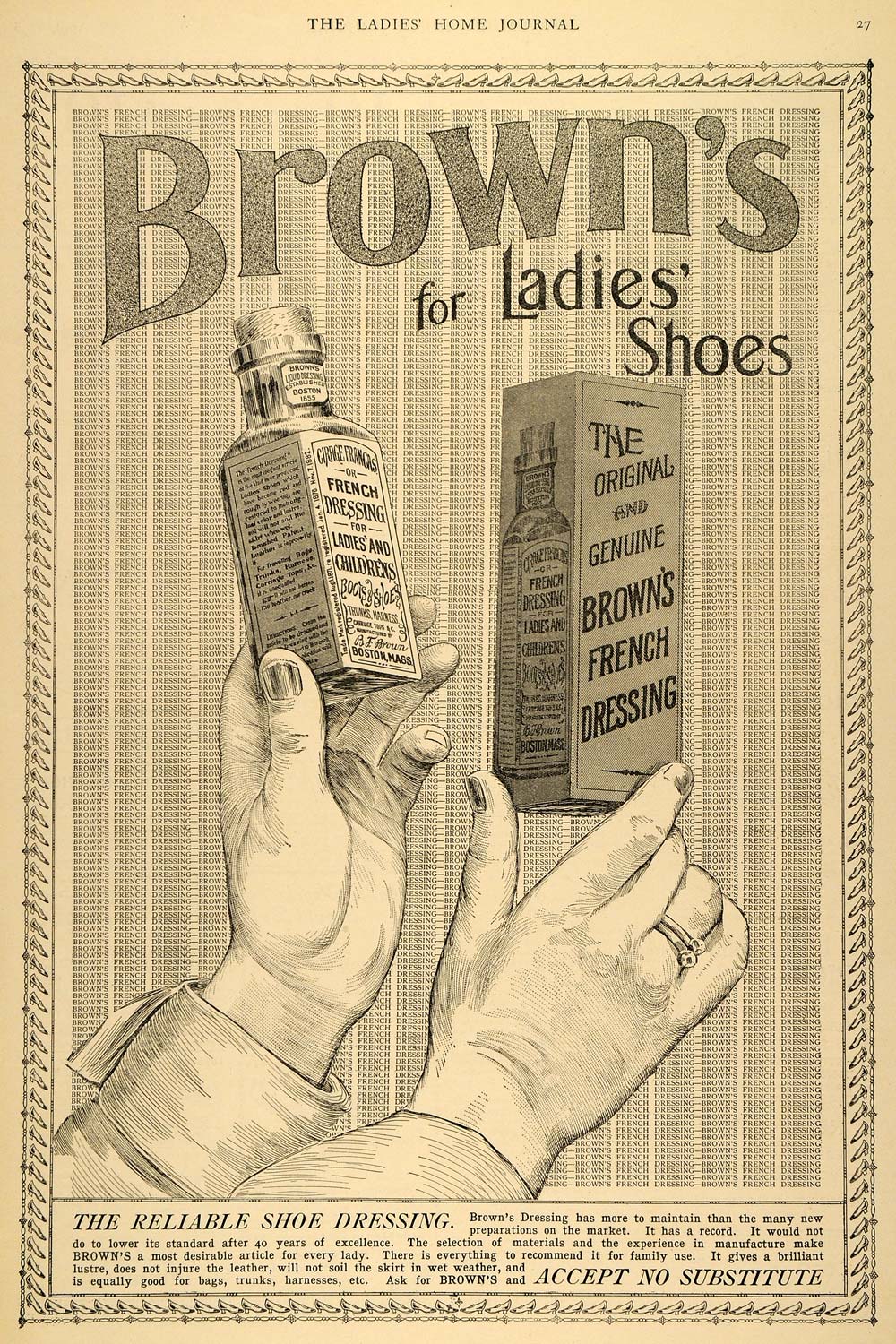 1896 Ad Brown's French Dressing Lady Shoe Polish Bottle Shine Boot Fashion LHJ5
