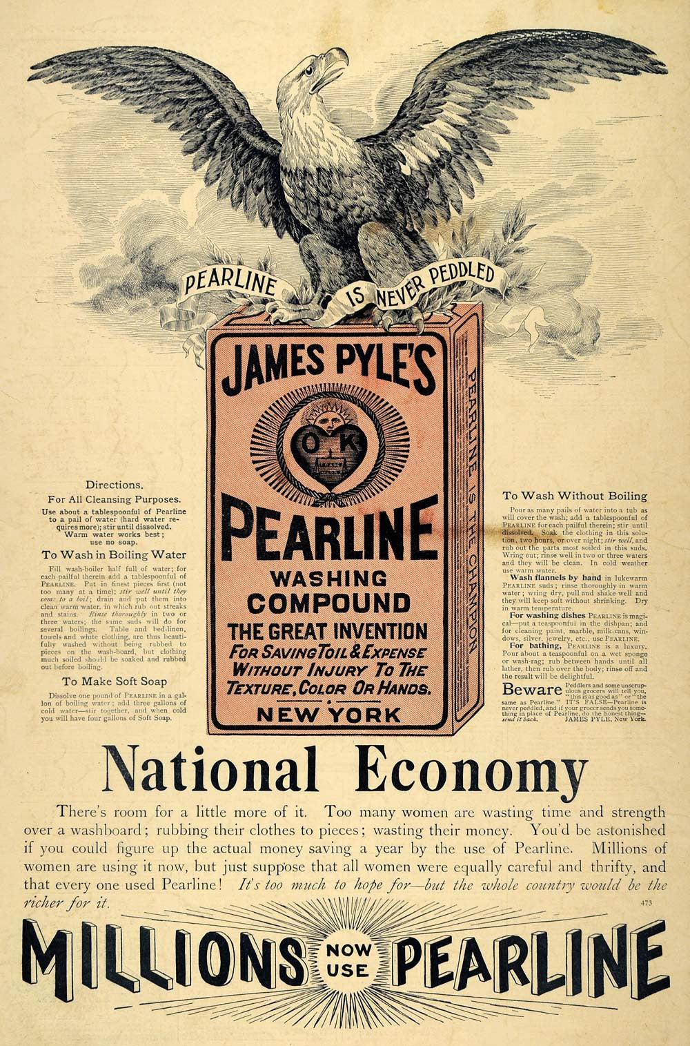 Pyles Pearline 1895 Ad James Pyles Pearline Wash Compound Eagle Laundry Washing Clean ...