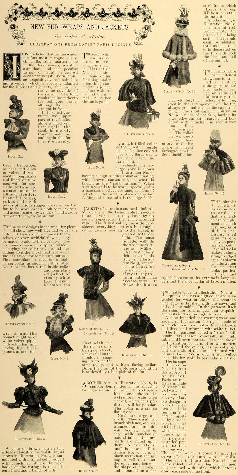 1897 Article Fur Wraps Jackets Victorian Fashion Mallon Paris Dress Stole LHJ5