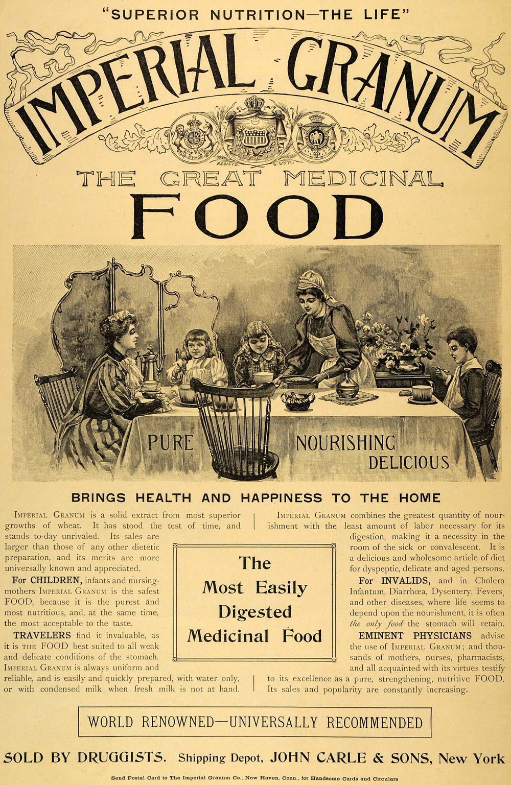 1892 Ad John Carle Imperial Granum Medicinal Food Maid Dinner Table LHJ5