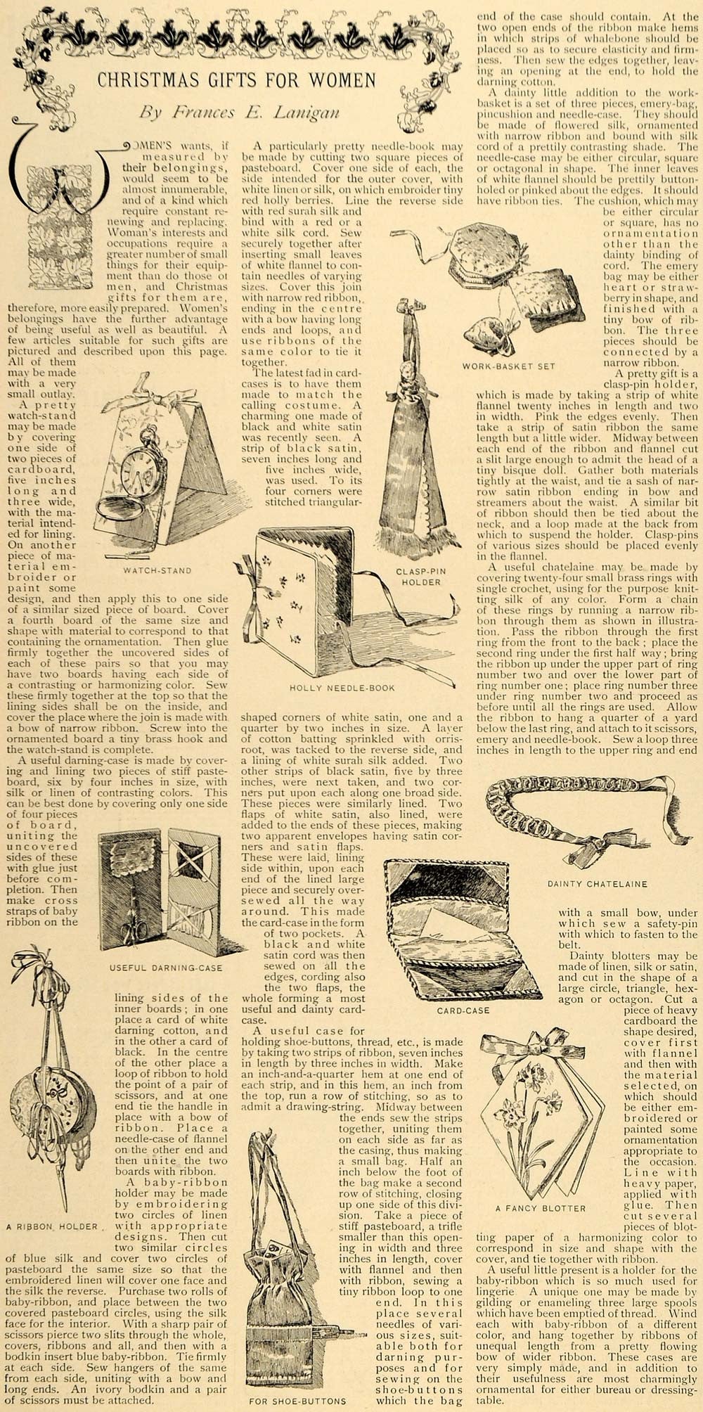1896 Article Christmas Gifts for Women Frances Lanigan Watch Holder Needle LHJ5 - Period Paper
