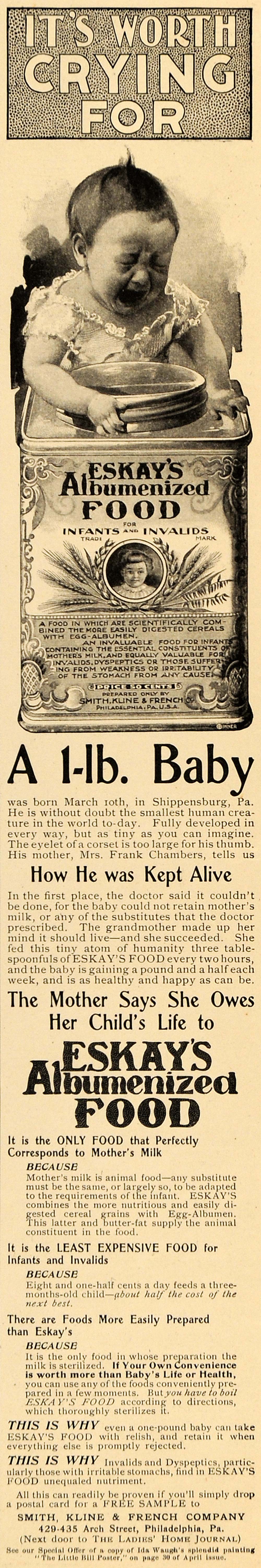 1898 Ad Eskay Albumenized Food Smallest Baby Child Life Formula Chambers LHJ6