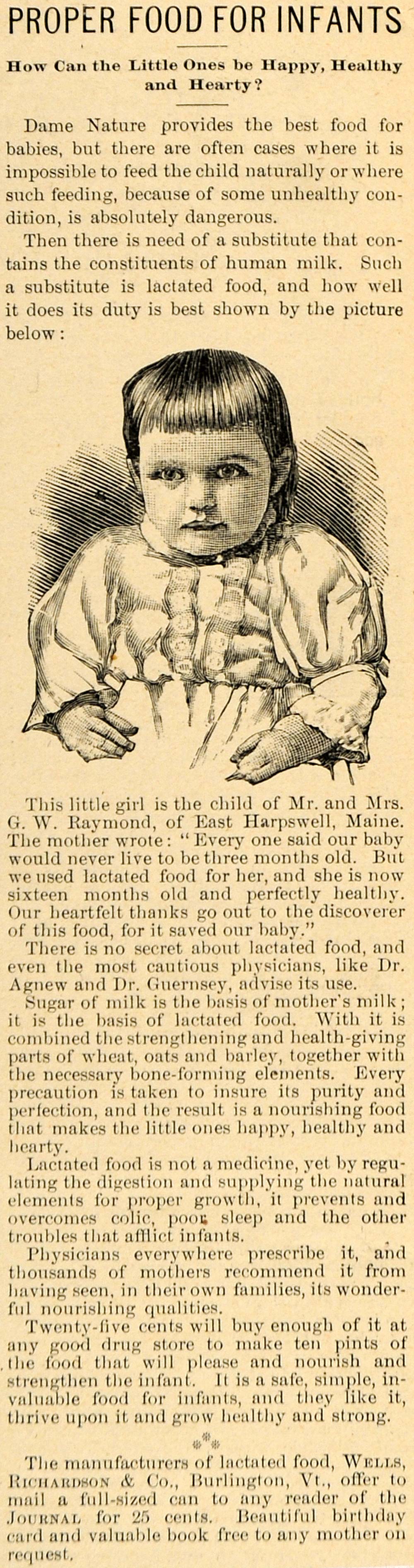 1892 Ad Wells Richardson Co. Lactated Food Infants Nutrition Milk LHJ6