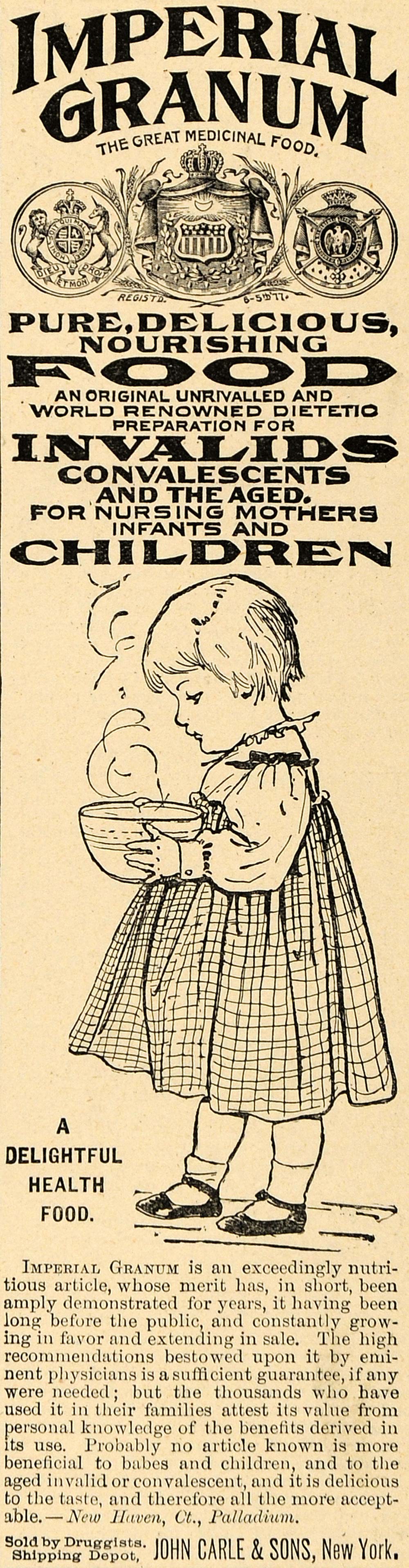 1892 Ad John Carle Sons Imperial Granum Food Infant Invalid Nutrition LHJ6