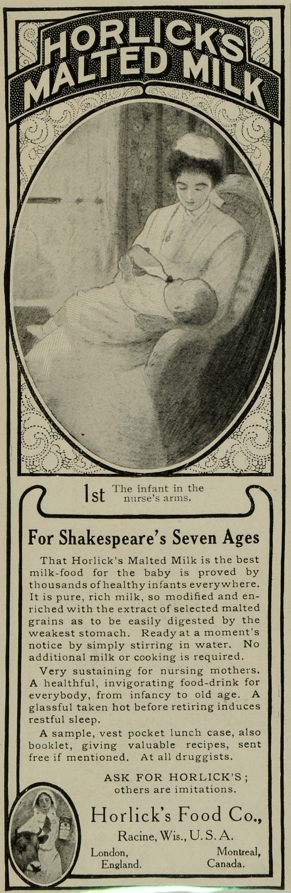 1905 Ad Horlick's Food Malted Milk Baby Bottle Nursemaid Nursing LHJ6