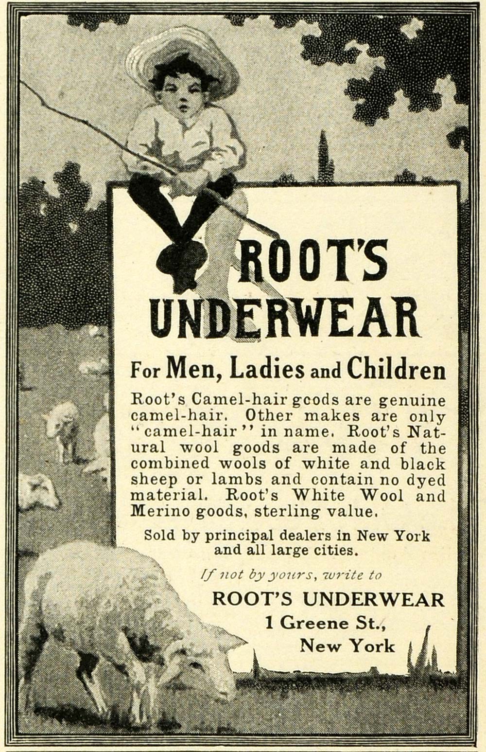 1905 Ad Root's Underwear Wool Sheep Pasture Boy Farmer Undergarment Camel LHJ6
